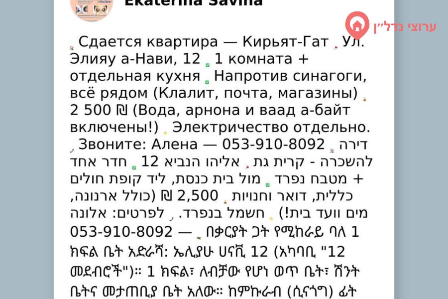 1 комн. квартира, Аренда, Кирьят-Гат, Элияу анави